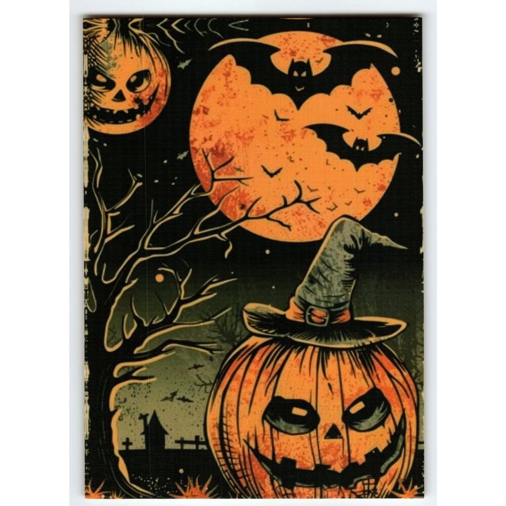 Vintage Halloween Pumpkin Witch Hat Bats Full Moon Postcard 5.5x4"